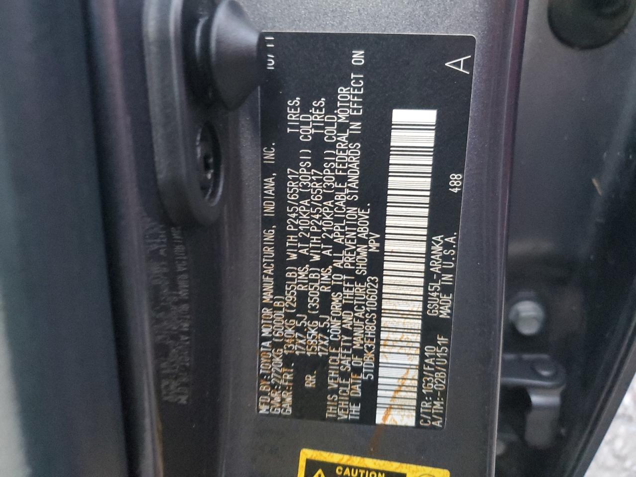 2012 Toyota Highlander VIN 5TDBK3EH8CS106023 Copart auction photo, water/flood damage thumbnail 14