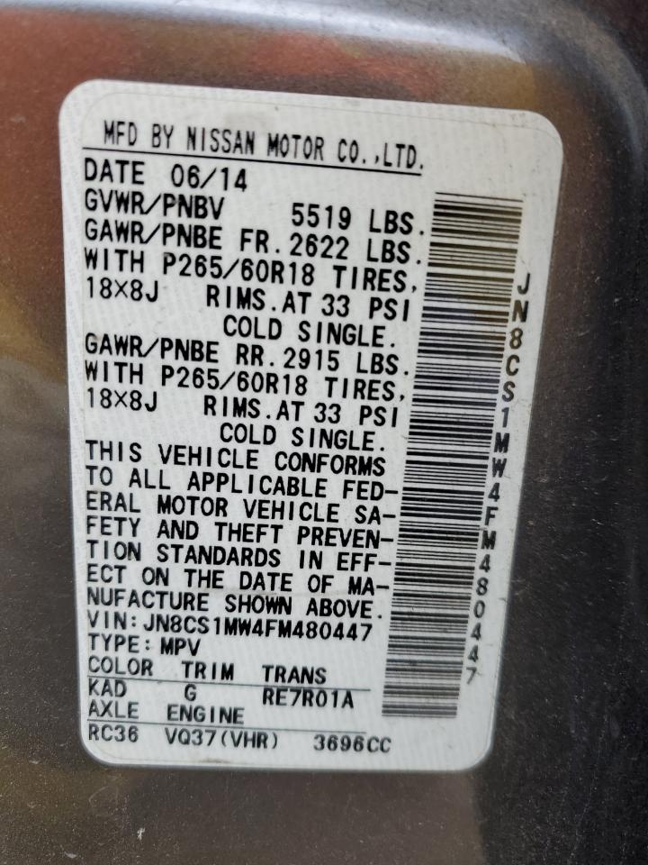 2015 Infiniti QX70 VIN JN8CS1MW4FM480447 Copart auction photo, front end / undercarriage damage thumbnail 15