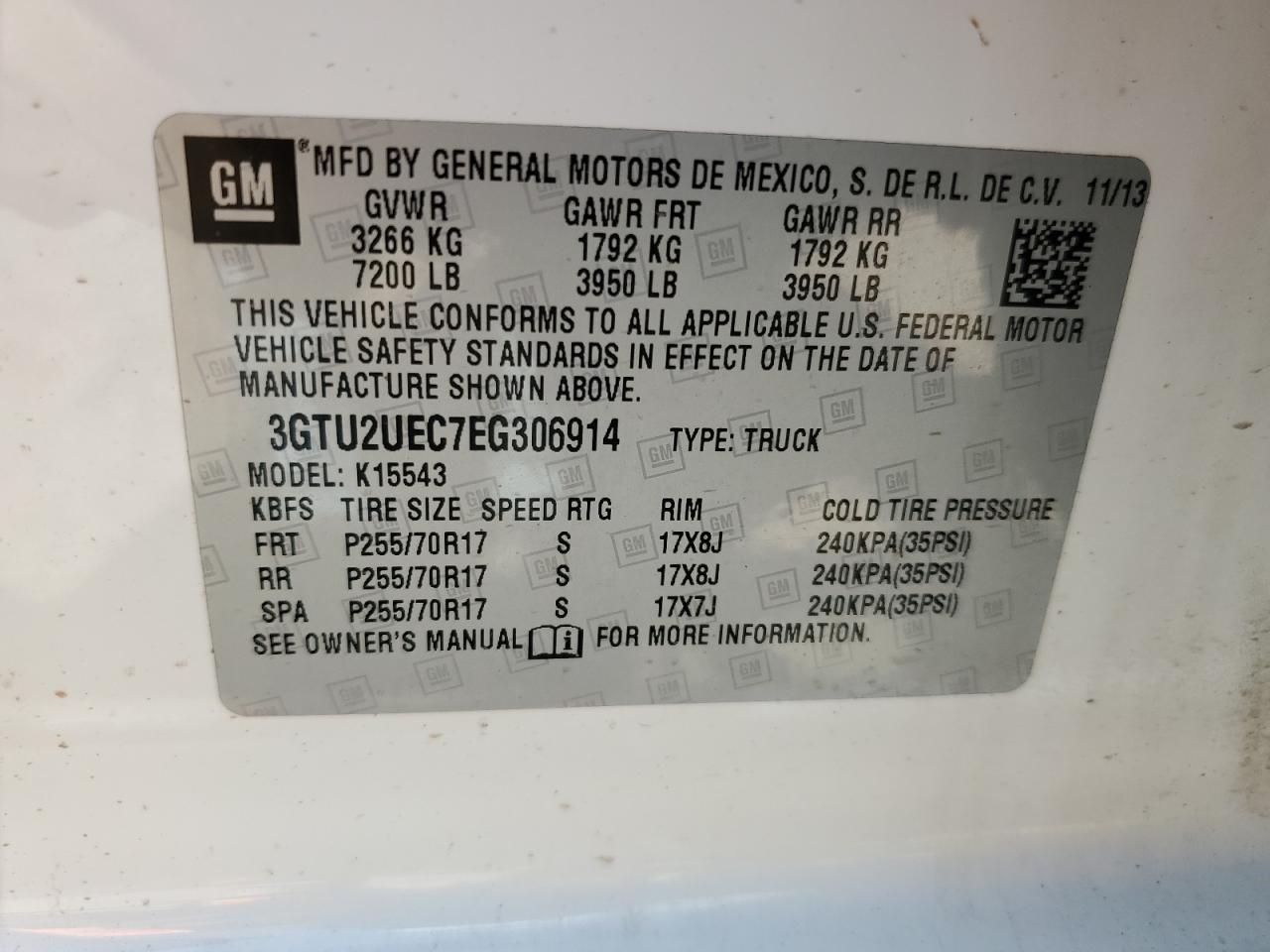 2014 GMC Sierra VIN 3GTU2UEC7EG306914 Copart auction photo, front end damage thumbnail 13