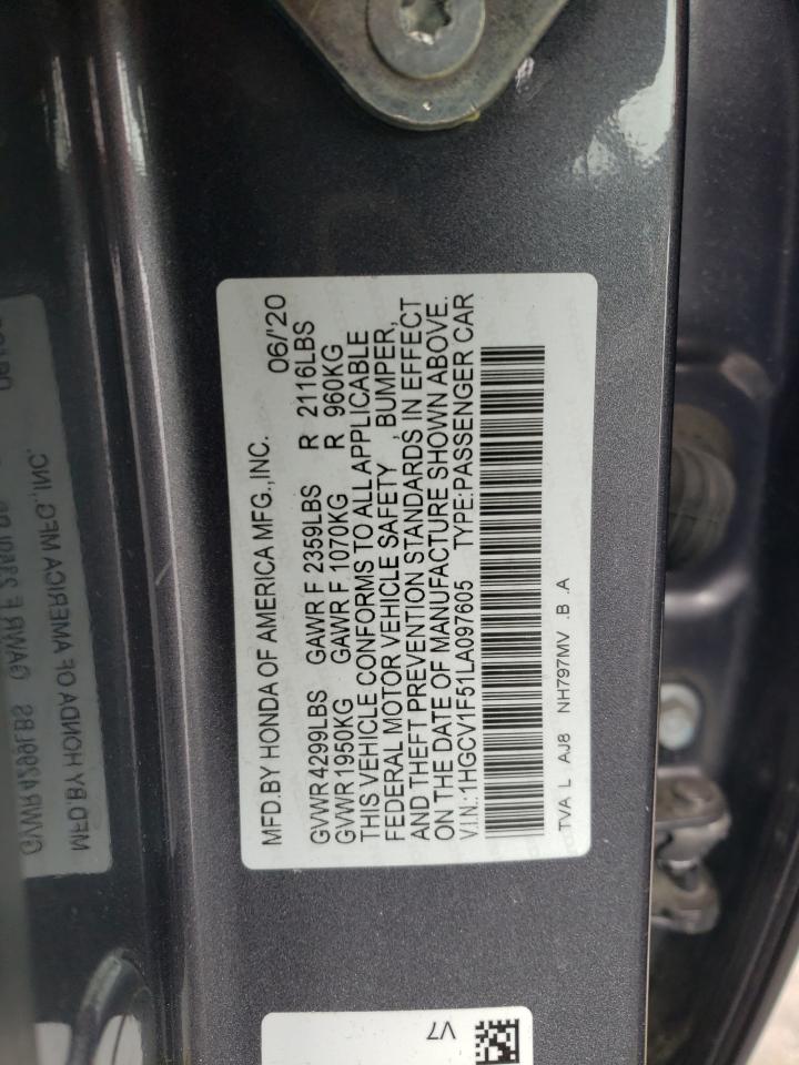 2020 Honda Accord VIN 1HGCV1F51LA097605 Copart auction photo, side / rear end damage thumbnail 12