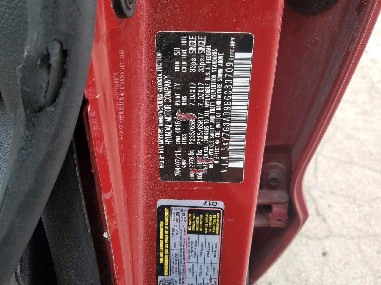 2011 Hyundai Santa Fe VIN 5XYZG3AB9BG033709 Copart auction photo, side / all over damage thumbnail 15