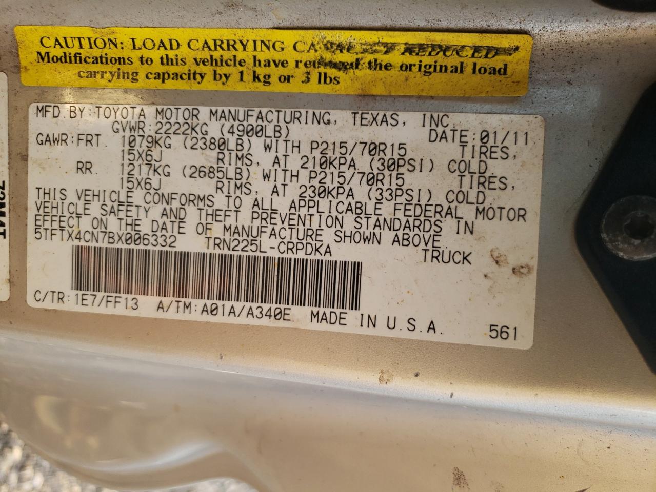 2011 Toyota Tacoma VIN 5TFTX4CN7BX006332 Copart auction photo, rear end / minor dent/scratches damage thumbnail 12