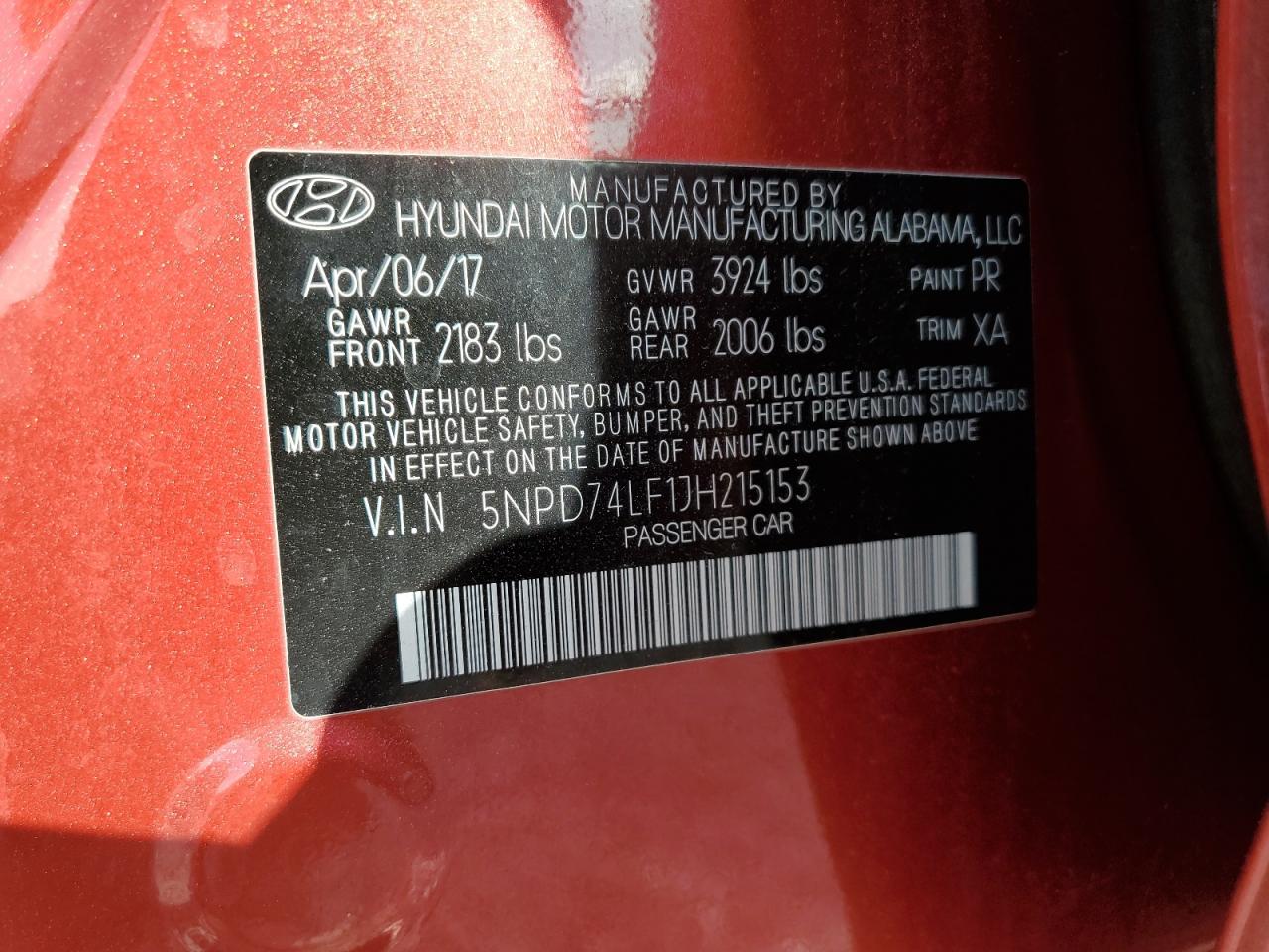 2018 Hyundai Elantra VIN 5NPD74LF1JH215153 Copart auction photo, front end / side damage thumbnail 12