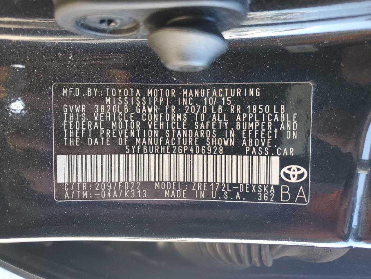 2016 Toyota Corolla VIN 5YFBURHE2GP406928 Copart auction photo, front end / side damage thumbnail 12
