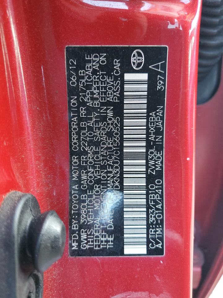 2012 Toyota Prius VIN JTDKN3DU7C1560525 Copart auction photo, rear end damage thumbnail 12