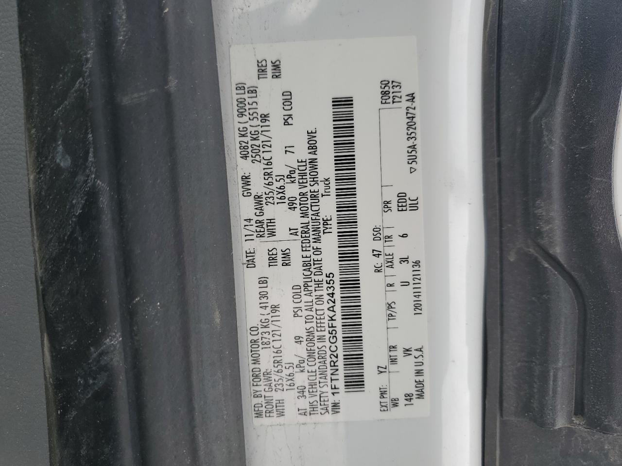 2015 Ford Transit VIN 1FTNR2CG5FKA24355 Copart auction photo, rollover damage thumbnail 15