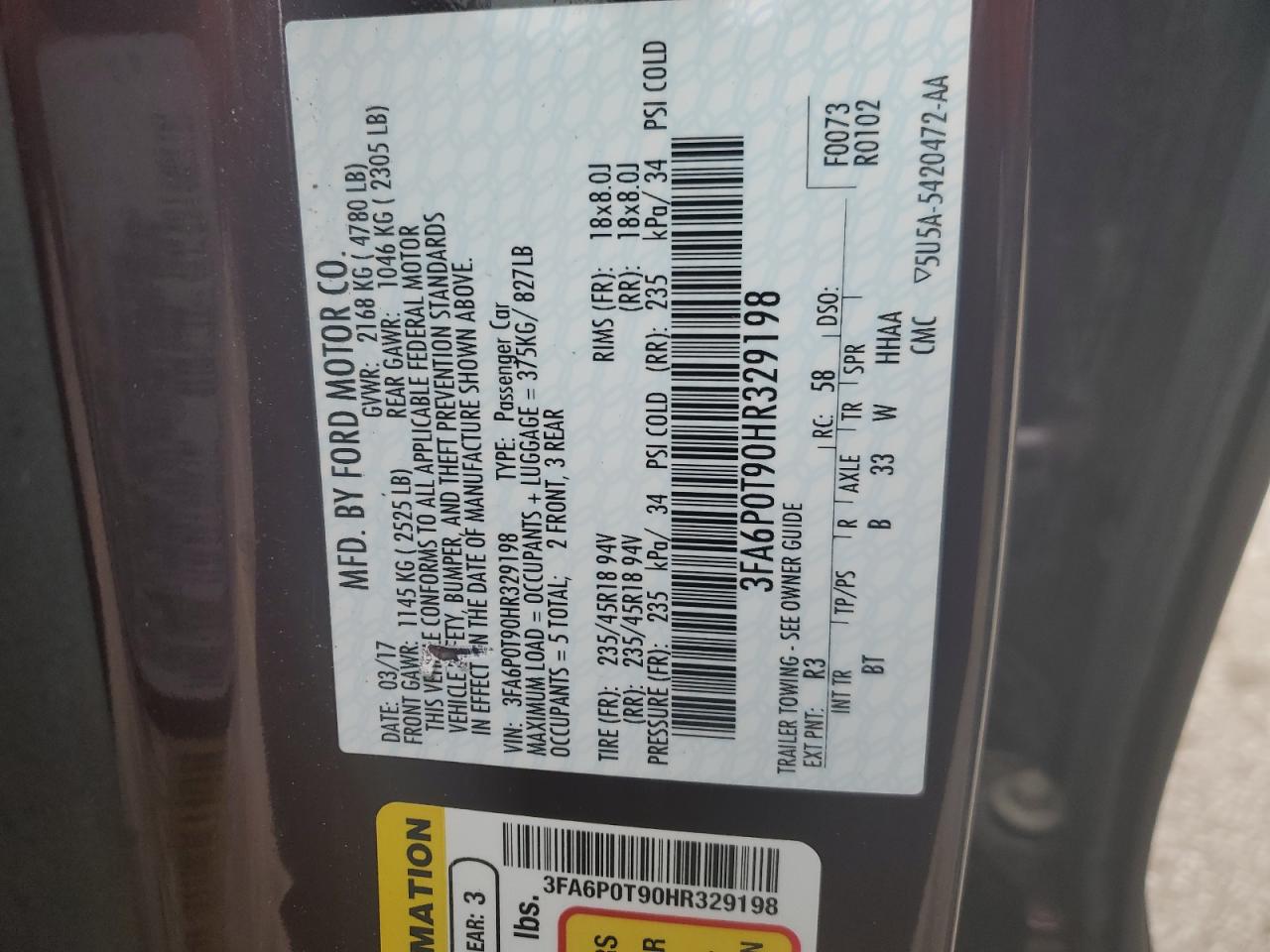 2017 Ford Fusion VIN 3FA6P0T90HR329198 Copart auction photo, front end damage thumbnail 14