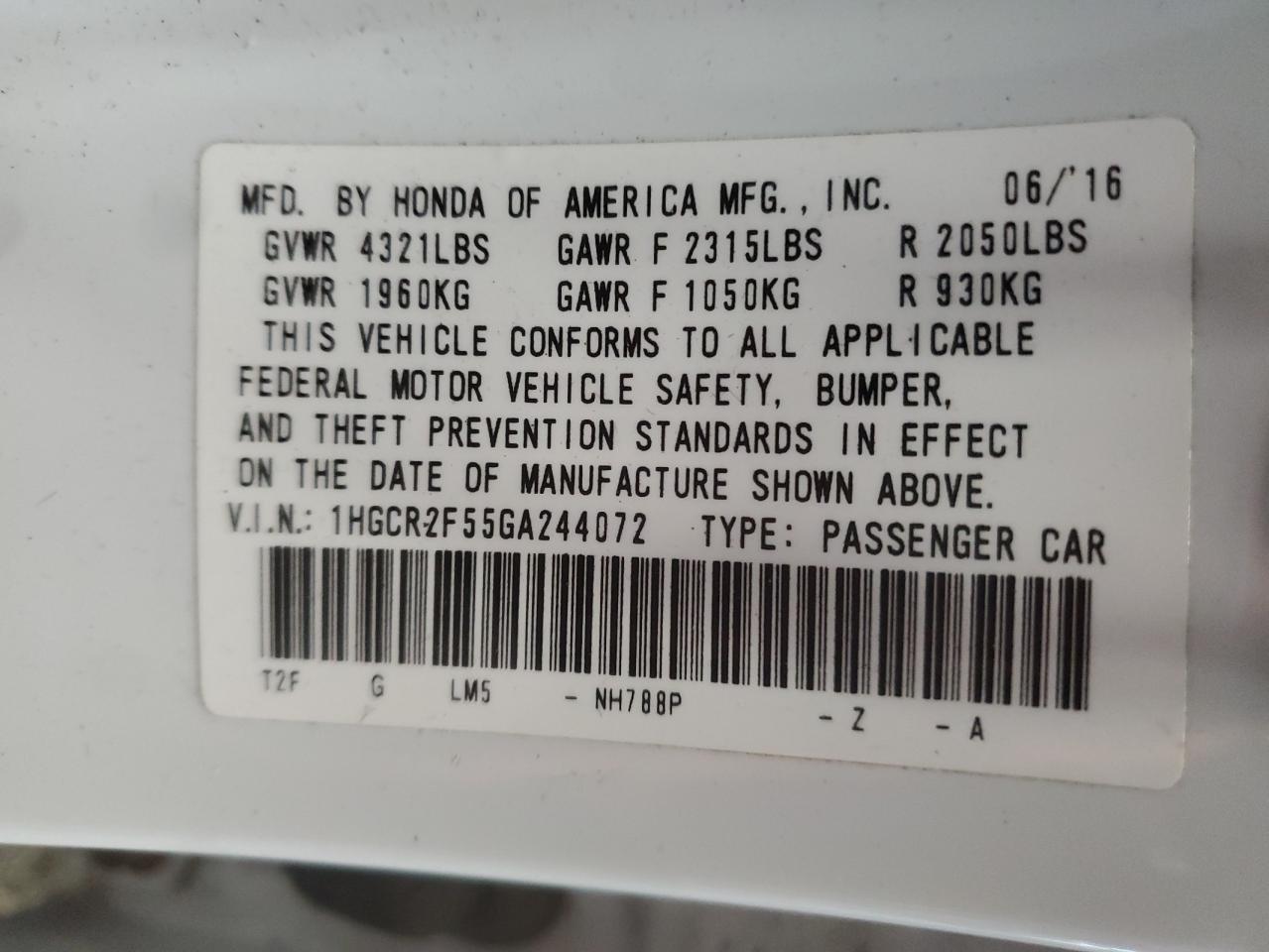 2016 Honda Accord VIN 1HGCR2F55GA244072 Copart auction photo, side / minor dent/scratches damage thumbnail 14