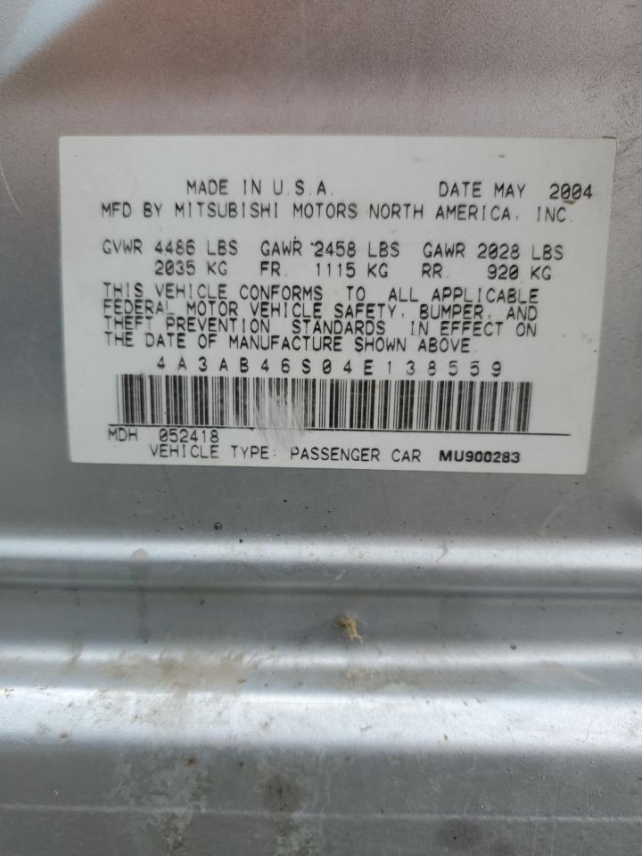 2004 Mitsubishi Galant VIN 4A3AB46S04E138559 Copart auction photo, front end / rear end damage thumbnail 15