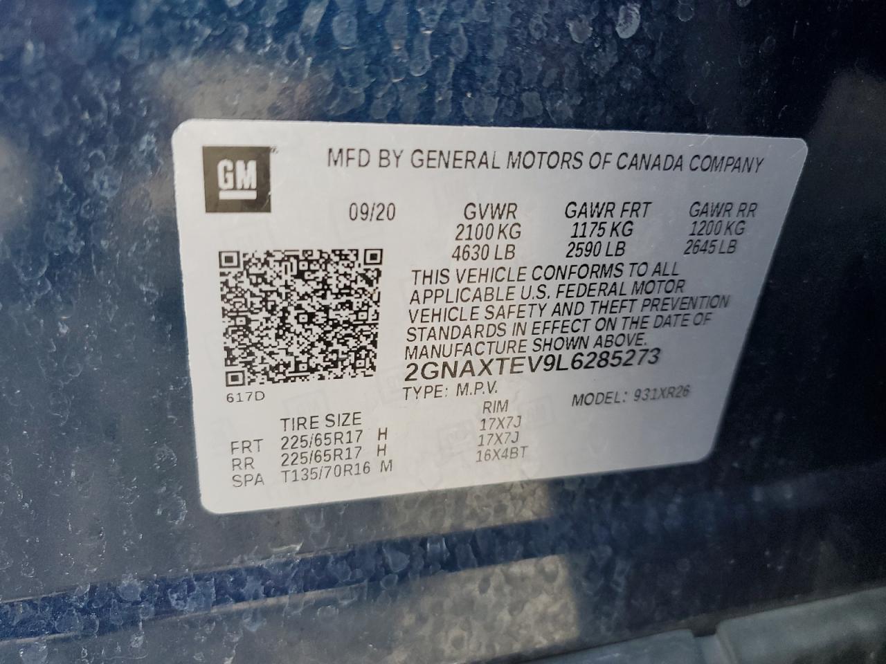 2020 Chevrolet Equinox VIN 2GNAXTEV9L6285273 Copart auction photo, front end damage thumbnail 13
