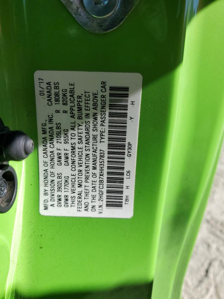 2017 Honda Civic VIN 2HGFC3B7XHH357837 Copart auction photo, front end damage thumbnail 12
