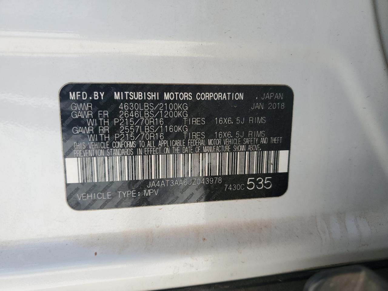 2018 Mitsubishi Eclipse VIN JA4AT3AA6JZ043978 Copart auction photo, front end damage thumbnail 15