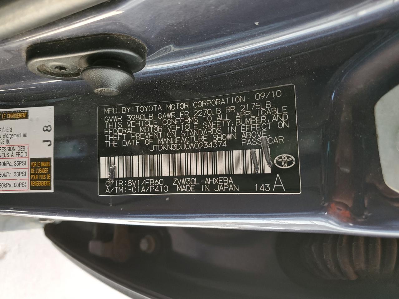 2010 Toyota Prius VIN JTDKN3DU0A0234374 Copart auction photo, front end damage thumbnail 13