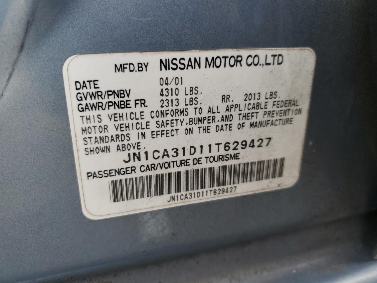 2001 Nissan Maxima VIN JN1CA31D11T629427 Copart auction photo, front end / side damage thumbnail 12
