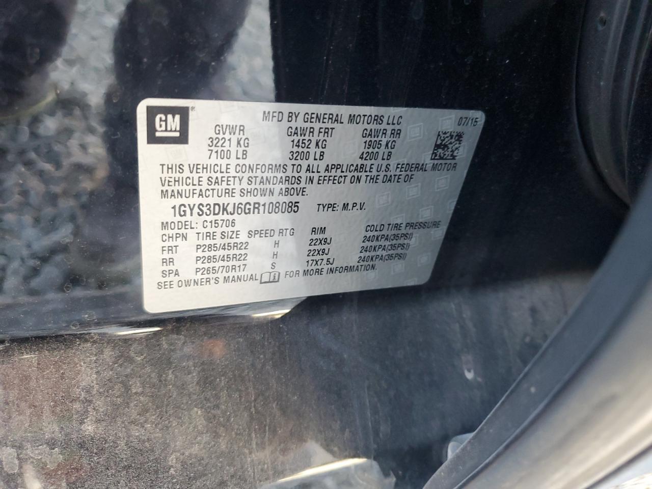 2016 Cadillac Escalade VIN 1GYS3DKJ6GR108085 Copart auction photo, side damage thumbnail 15