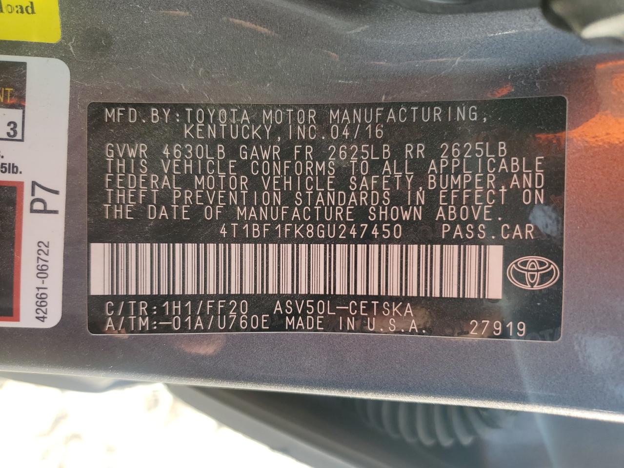 2016 Toyota Camry VIN 4T1BF1FK8GU247450 Copart auction photo, all over damage thumbnail 12