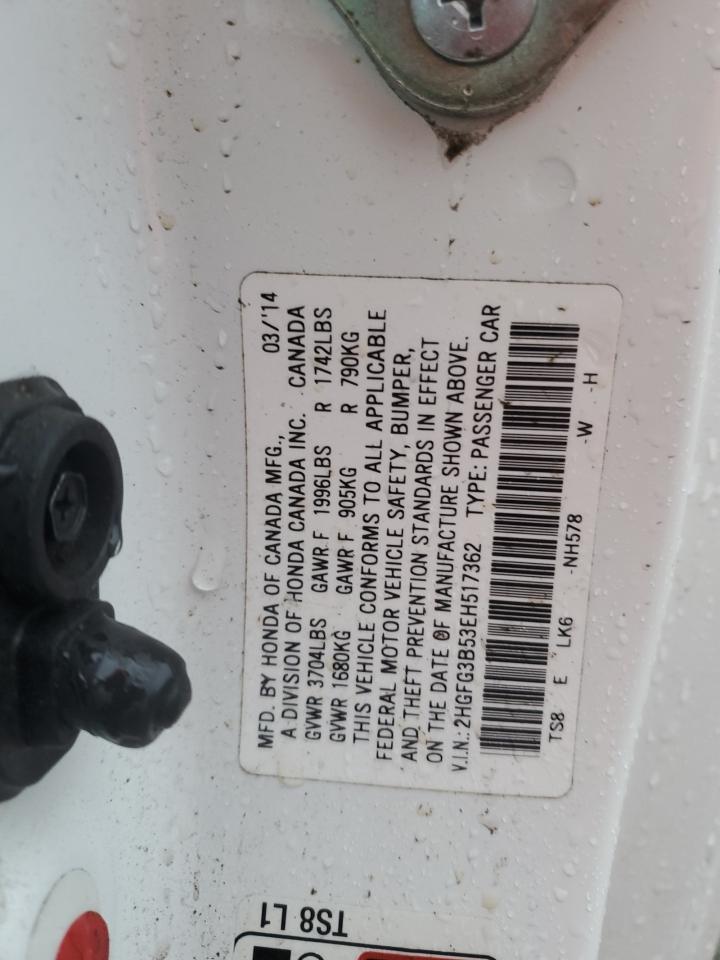2014 Honda Civic VIN 2HGFG3B53EH517362 Copart auction photo, front end damage thumbnail 13