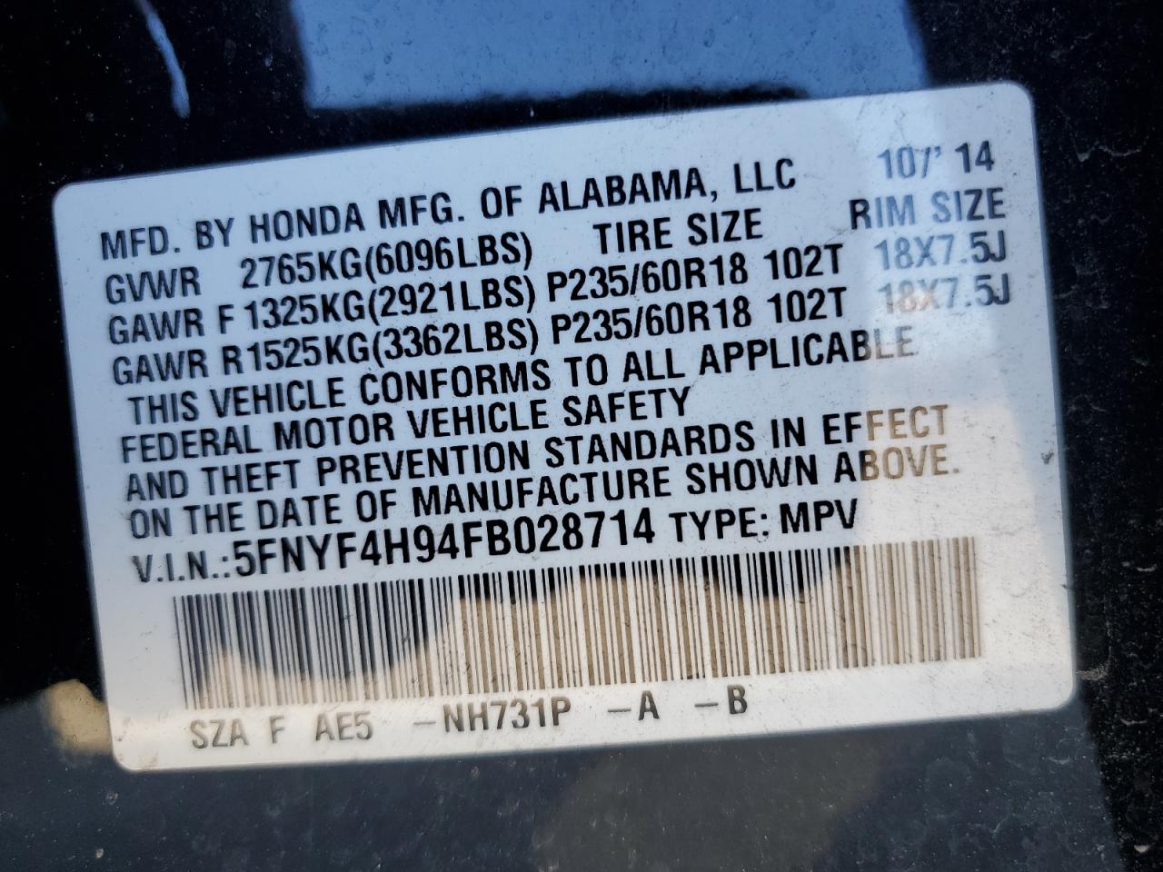 2015 Honda Pilot VIN 5FNYF4H94FB028714 Copart auction photo, rear end / side damage thumbnail 13
