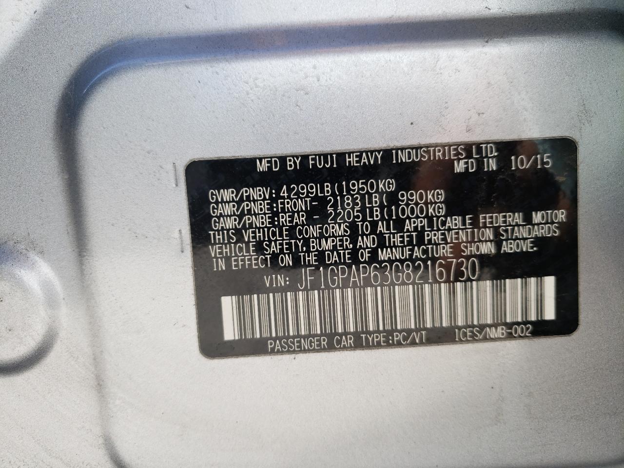 2016 Subaru Impreza VIN JF1GPAP63G8216730 Copart auction photo, side / rear end damage thumbnail 13