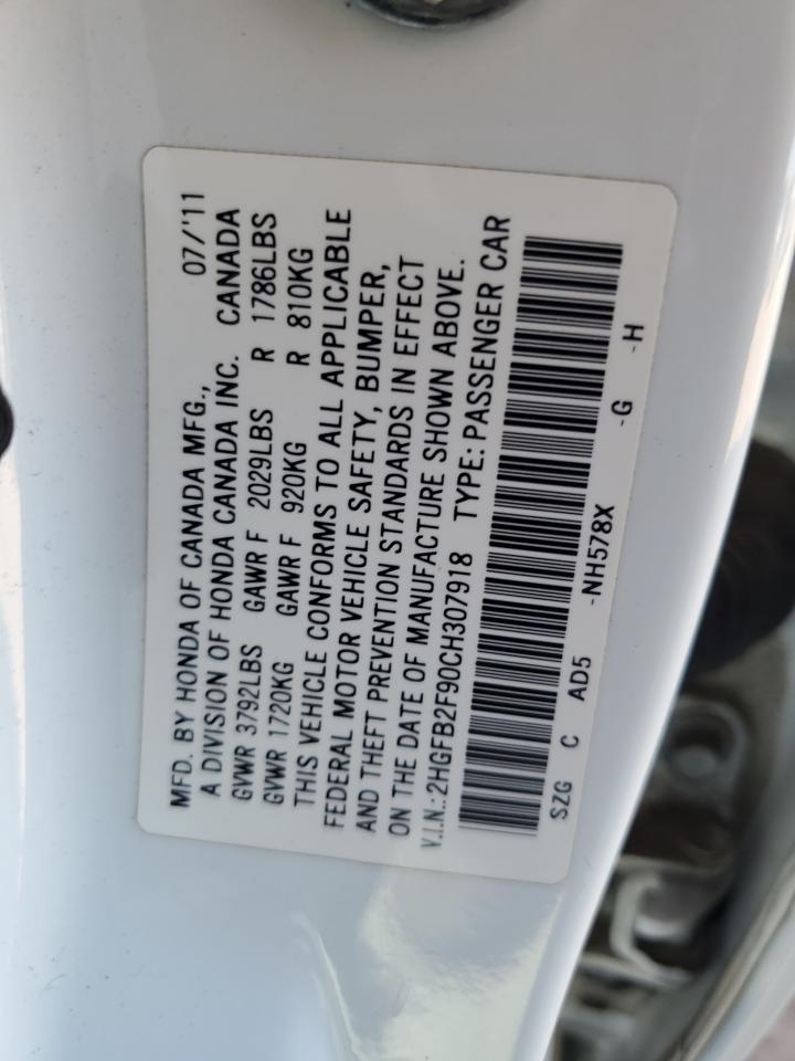 2012 Honda Civic VIN 2HGFB2F90CH307918 Copart auction photo, front end damage thumbnail 12