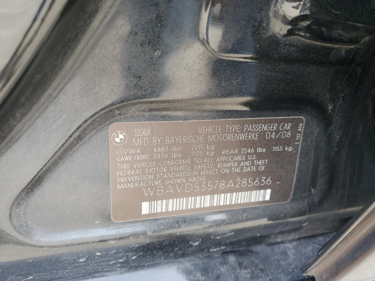 2008 BMW 3er VIN WBAVD53578A285636 Copart auction photo, front end damage thumbnail 12