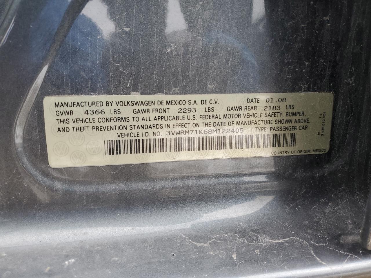 2008 Volkswagen Jetta VIN 3VWRM71K68M122405 Copart auction photo, front end damage thumbnail 12