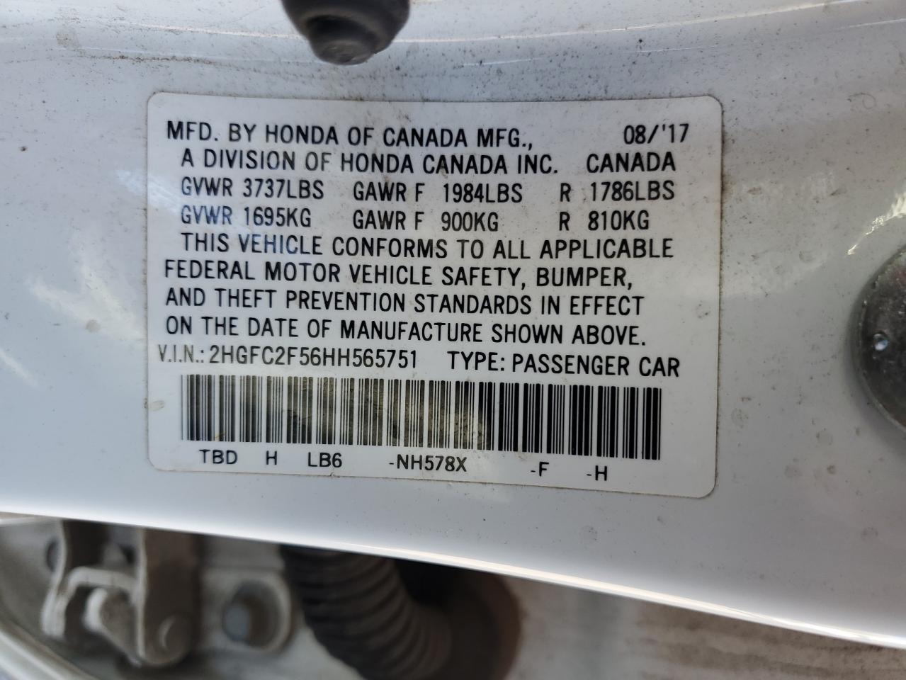 2017 Honda Civic VIN 2HGFC2F56HH565751 Copart auction photo, front end / side damage thumbnail 14