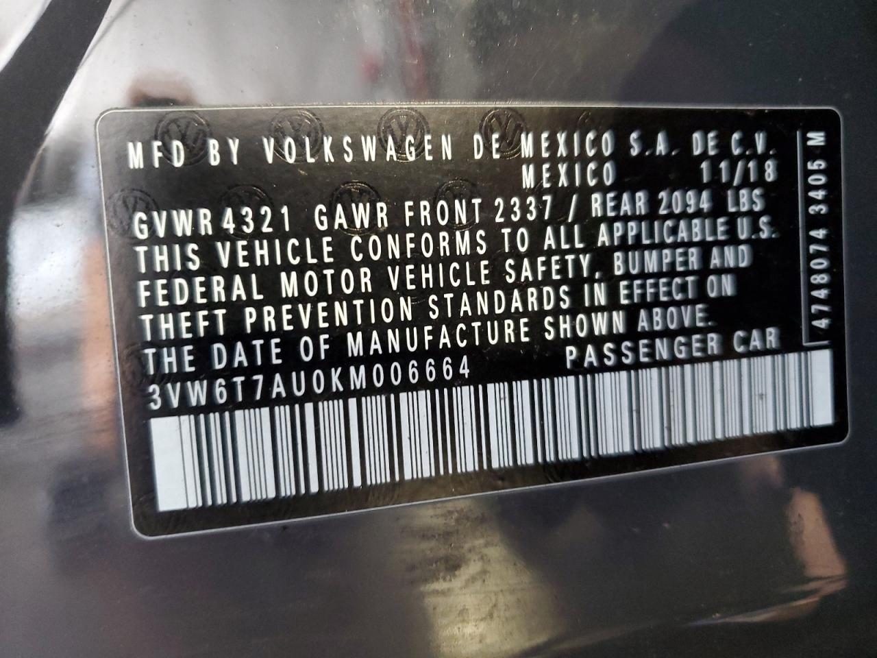 2019 Volkswagen GTI VIN 3VW6T7AU0KM006664 Copart auction photo, side / front end damage thumbnail 13