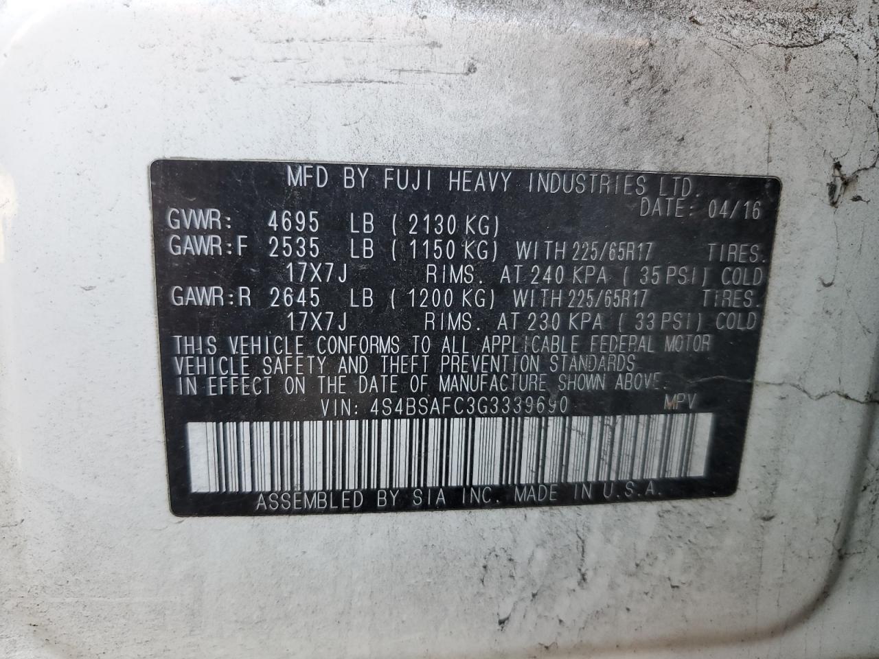 2016 Subaru Outback VIN 4S4BSAFC3G3339690 Copart auction photo, rear end damage thumbnail 13
