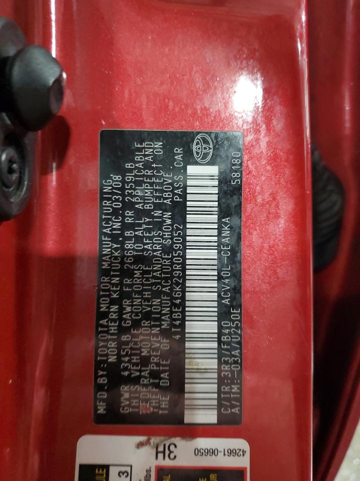 2009 Toyota Camry VIN 4T4BE46K29R059052 Copart auction photo, front end / rear end damage thumbnail 12