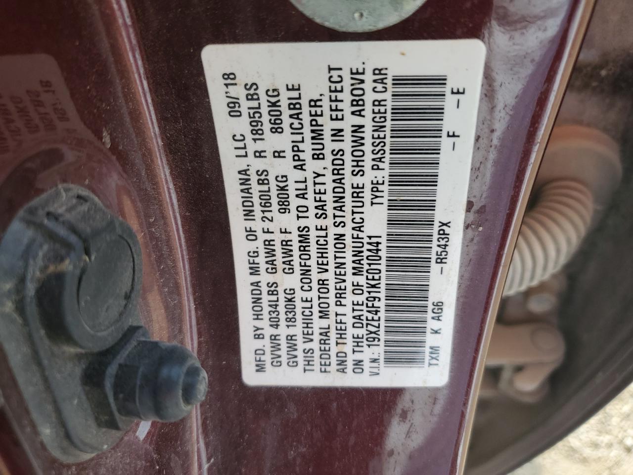 2019 Honda Insight VIN 19XZE4F91KE010441 Copart auction photo, front end / side damage thumbnail 12