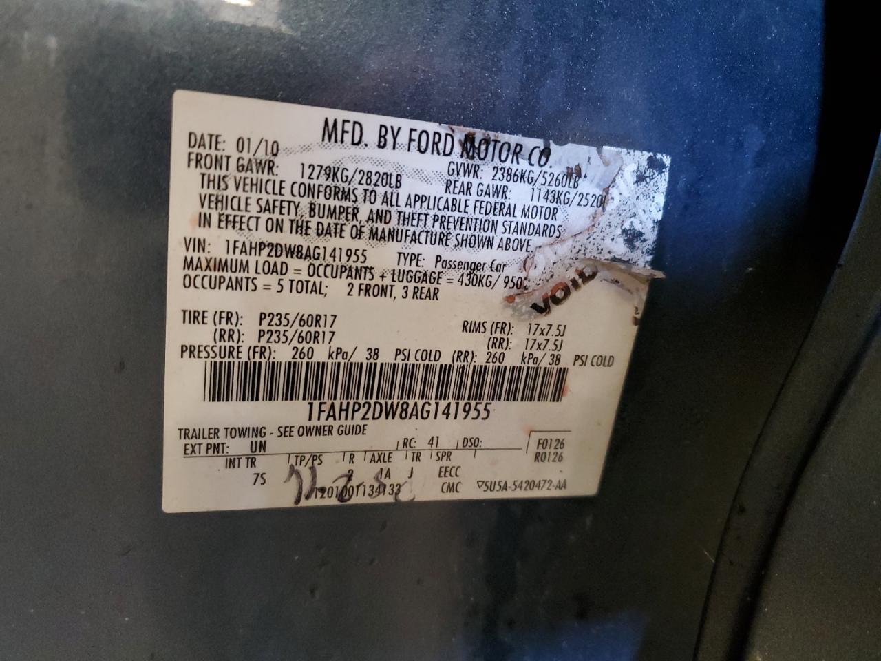 2010 Ford Taurus VIN 1FAHP2DW8AG141955 Copart auction photo, front end damage thumbnail 12