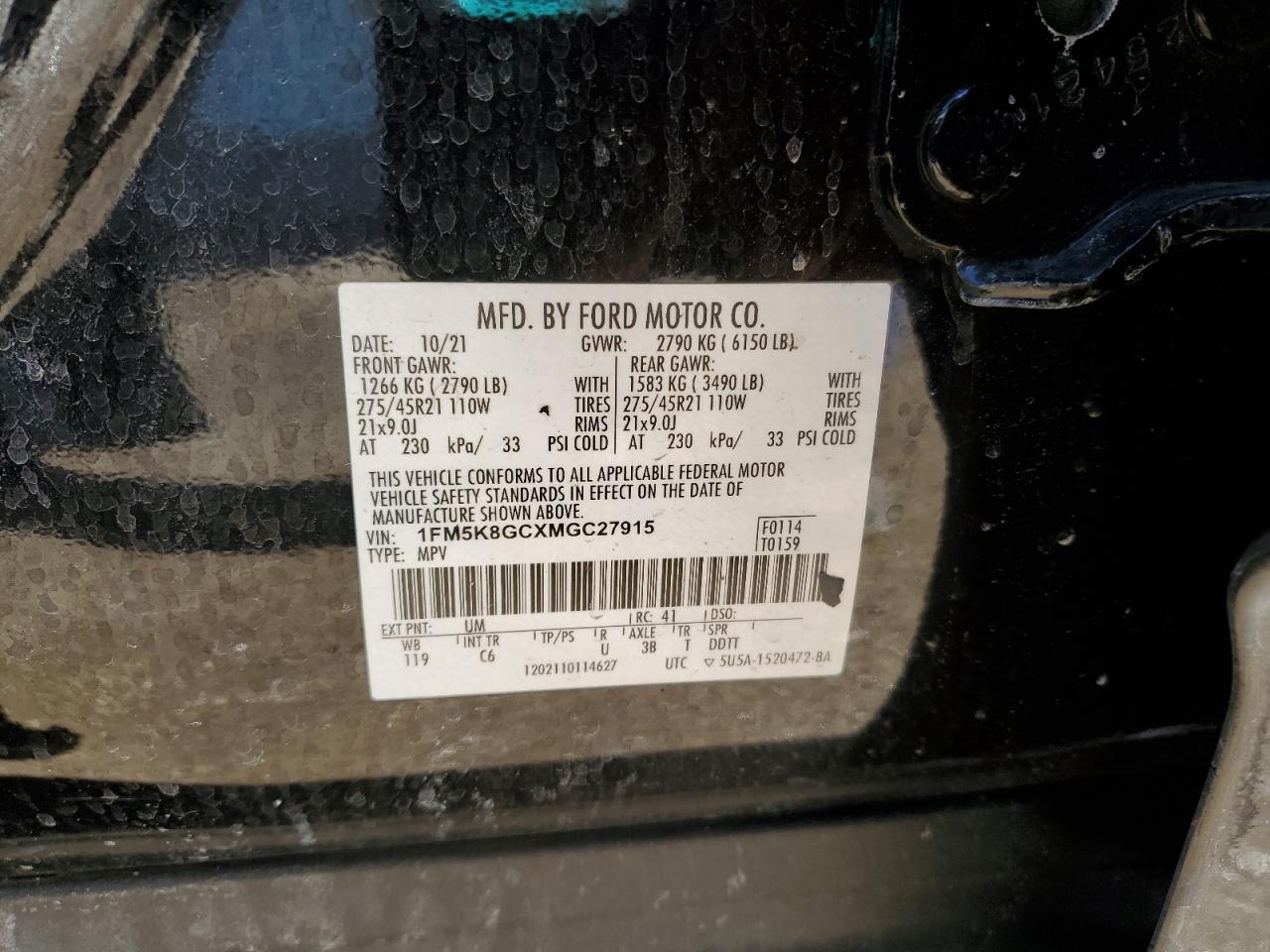 2021 Ford Explorer VIN 1FM5K8GCXMGC27915 Copart auction photo, side / rear end damage thumbnail 16