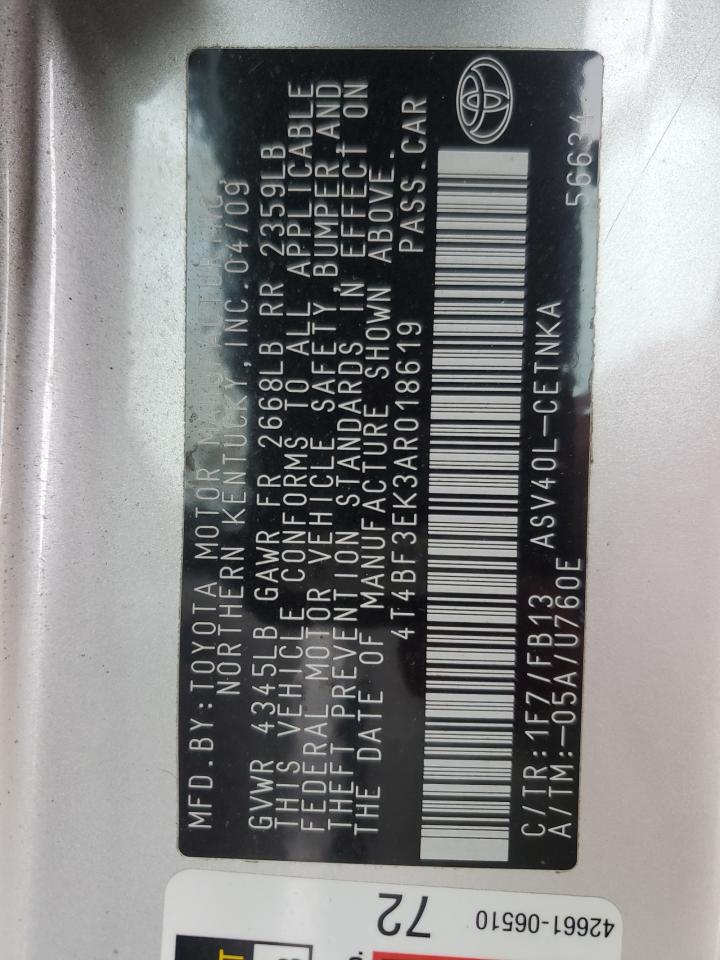 2010 Toyota Camry VIN 4T4BF3EK3AR018619 Copart auction photo, rear end / side damage thumbnail 12
