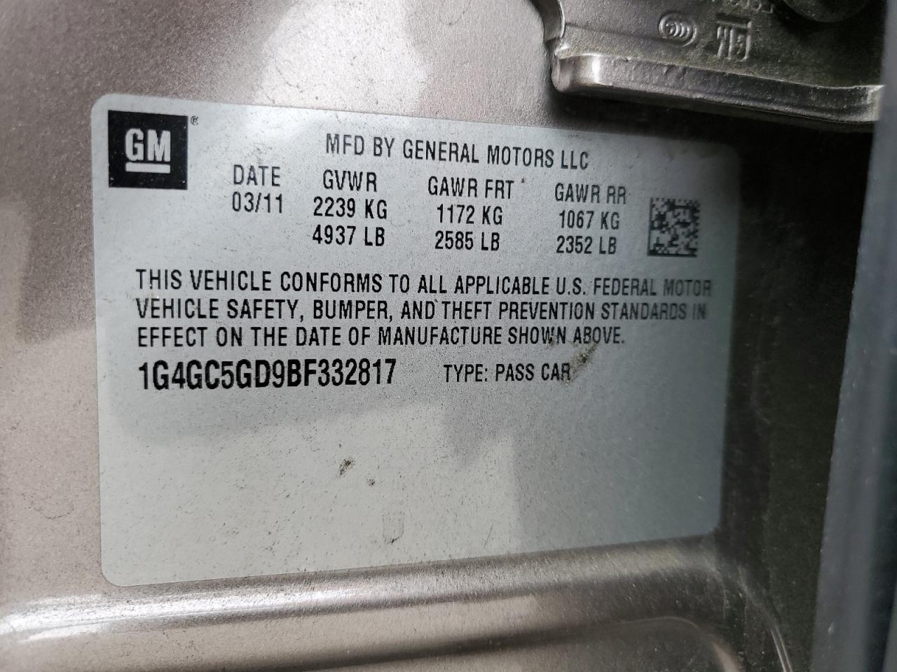 2011 Buick LaCrosse VIN 1G4GC5GD9BF332817 Copart auction photo, all over / undercarriage damage thumbnail 15
