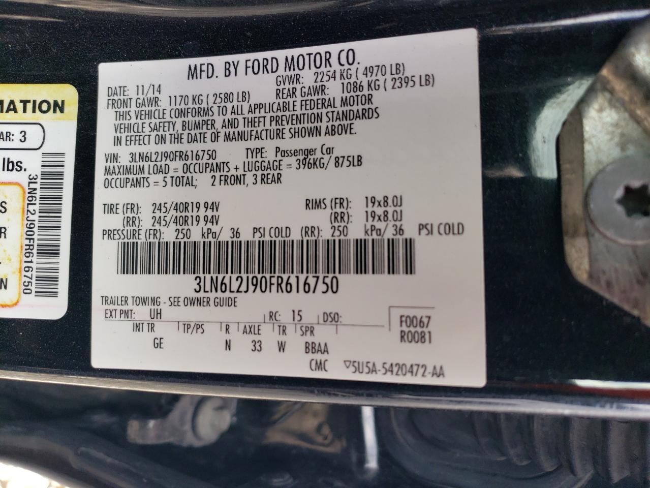 2015 Lincoln MKZ VIN 3LN6L2J90FR616750 Copart auction photo, front end / side damage thumbnail 14