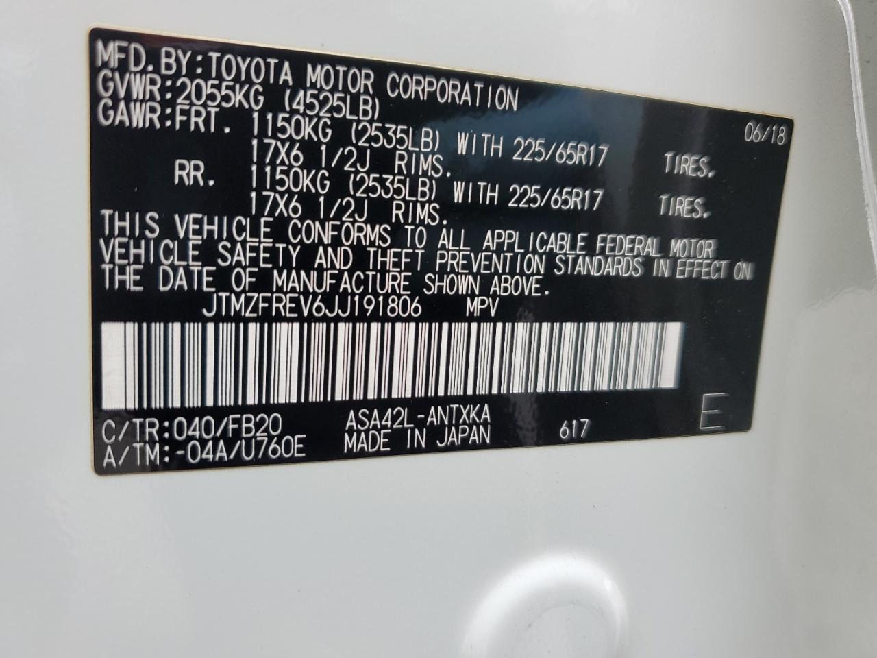 2018 Toyota RAV 4 VIN JTMZFREV6JJ191806 Copart auction photo, front end damage thumbnail 14
