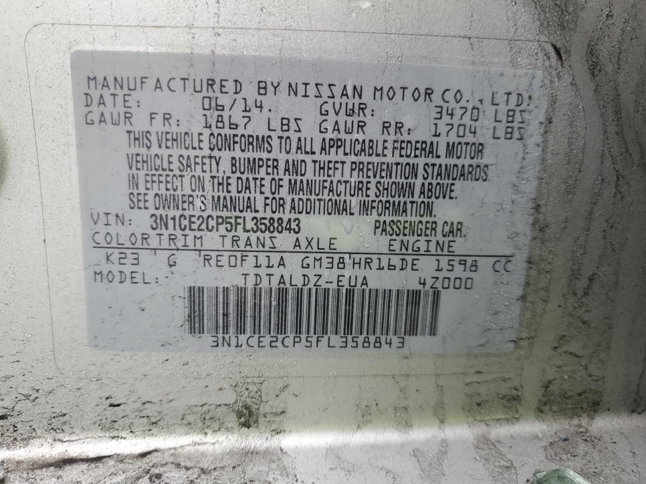 2015 Nissan Versa VIN 3N1CE2CP5FL358843 Copart auction photo, side / front end damage thumbnail 14