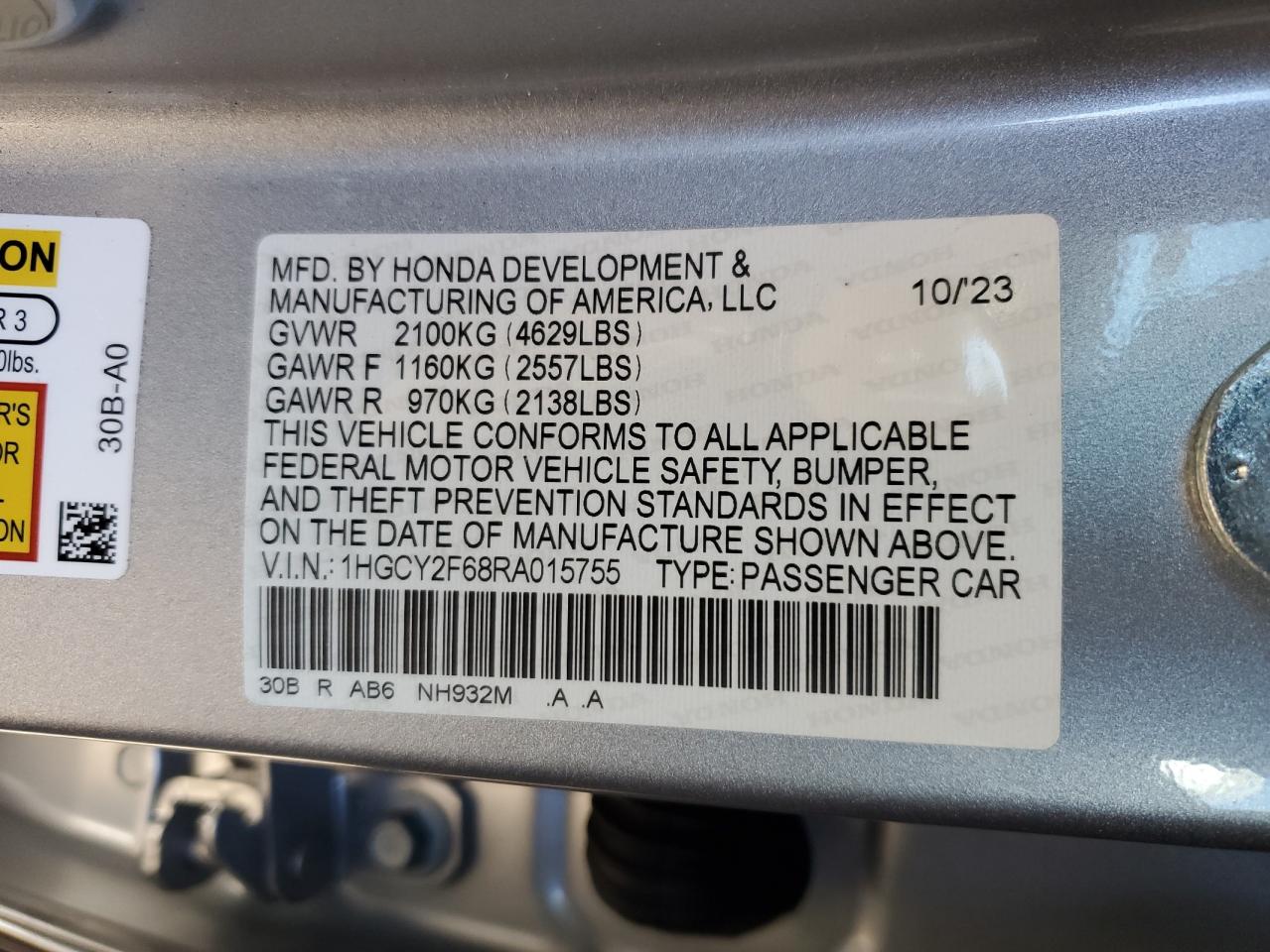 2024 Honda Accord VIN 1HGCY2F68RA015755 Copart auction photo, front end / minor dent/scratches damage thumbnail 13