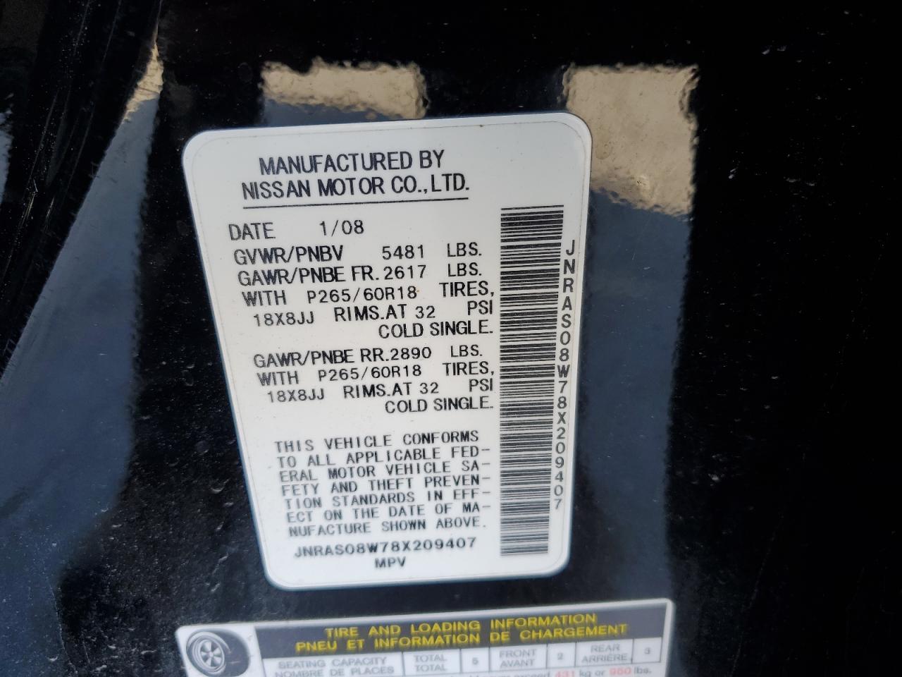 2008 Infiniti FX VIN JNRAS08W78X209407 Copart auction photo, front end damage thumbnail 16