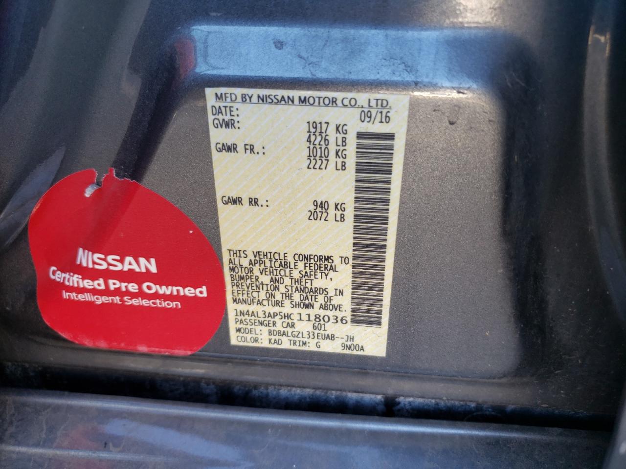 2017 Nissan Altima VIN 1N4AL3AP5HC118036 Copart auction photo, side damage thumbnail 12