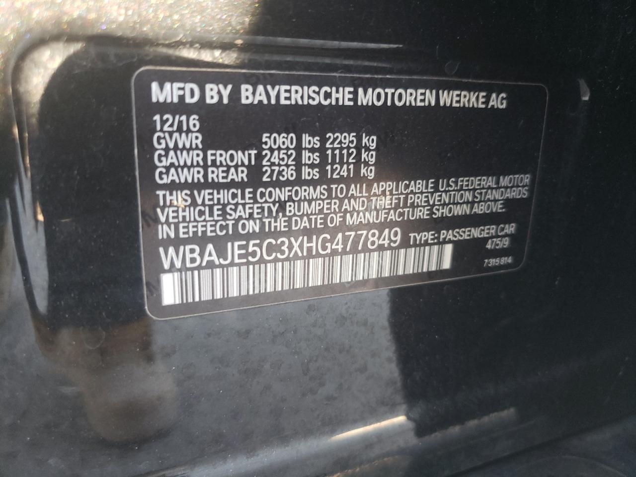 2017 BMW 5er VIN WBAJE5C3XHG477849 Copart auction photo, minor dent/scratches damage thumbnail 12