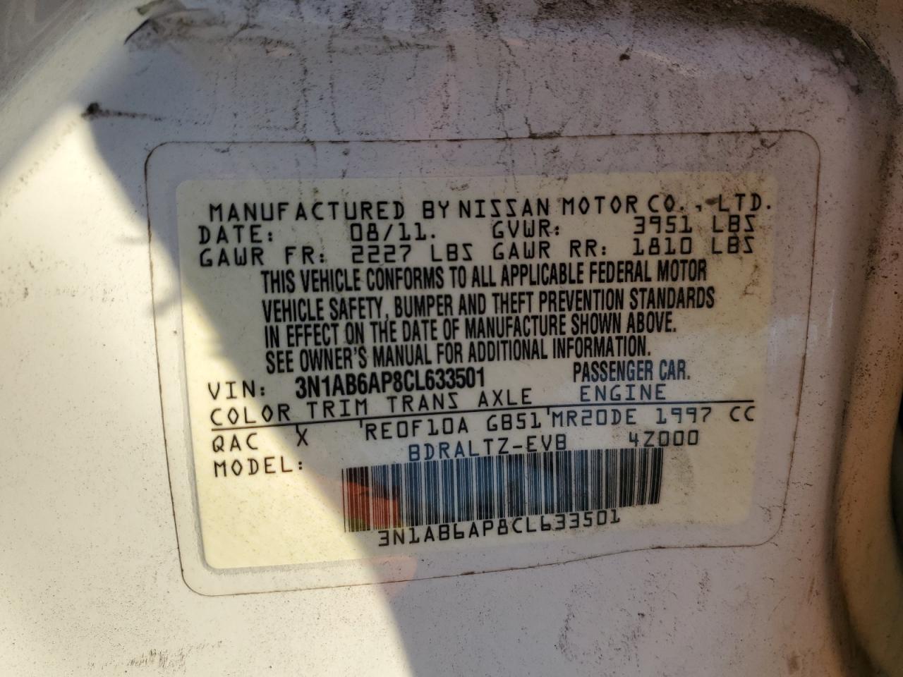2012 Nissan Sentra VIN 3N1AB6AP8CL633501 Copart auction photo, side / front end damage thumbnail 15