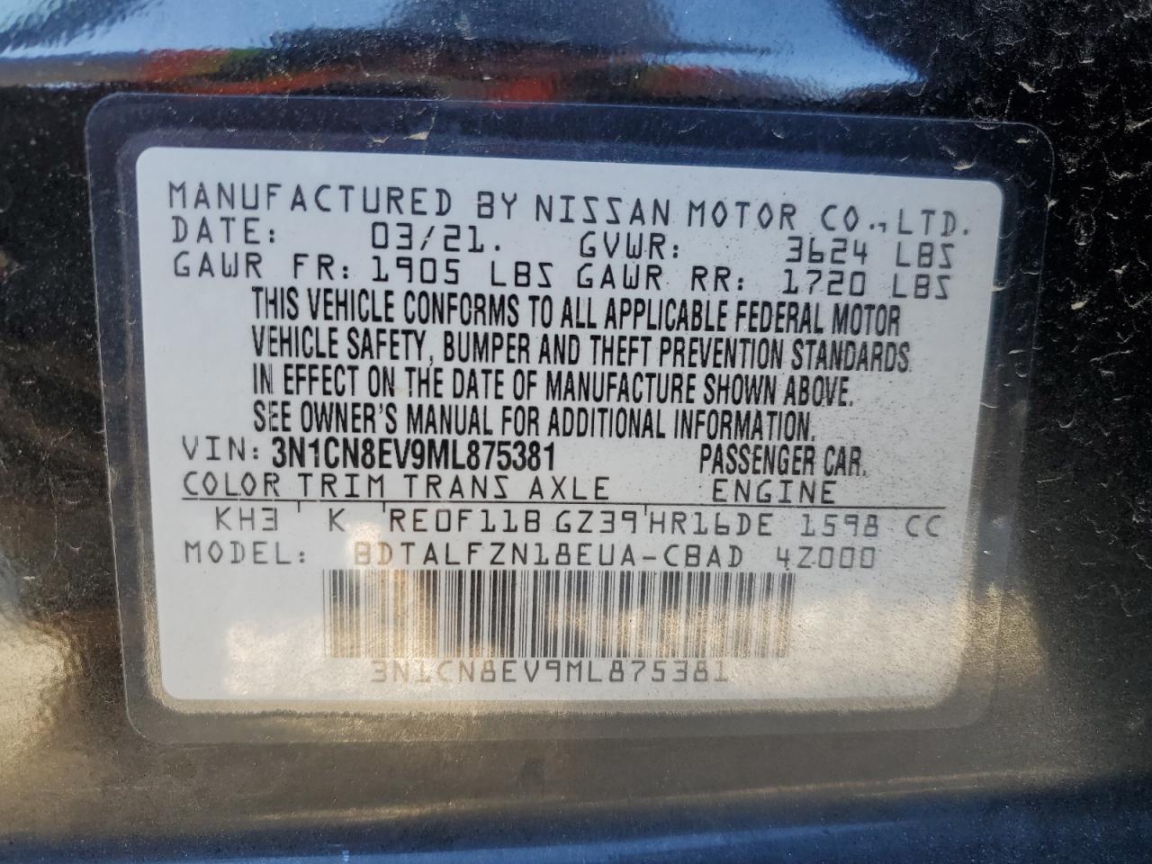 2021 Nissan Versa VIN 3N1CN8EV9ML875381 Copart auction photo, front end / minor dent/scratches damage thumbnail 13