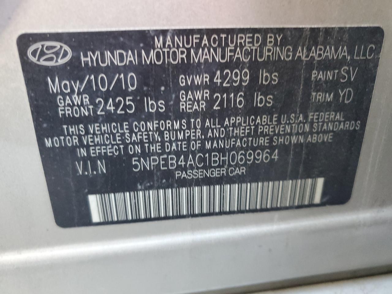 2011 Hyundai Sonata VIN 5NPEB4AC1BH069964 Copart auction photo, rear end damage thumbnail 12