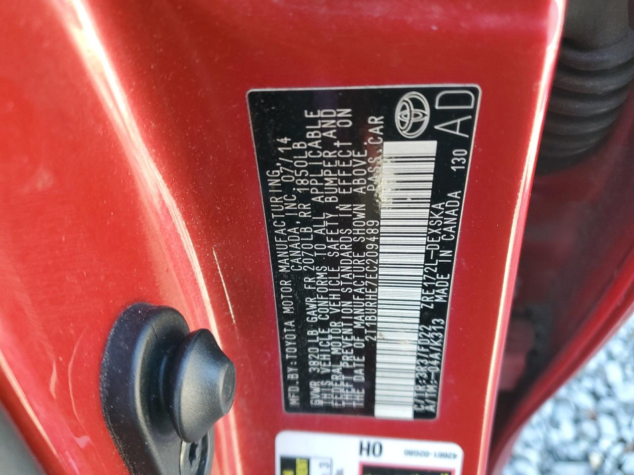 2014 Toyota Corolla VIN 2T1BURHE7EC209489 Copart auction photo, front end damage thumbnail 15