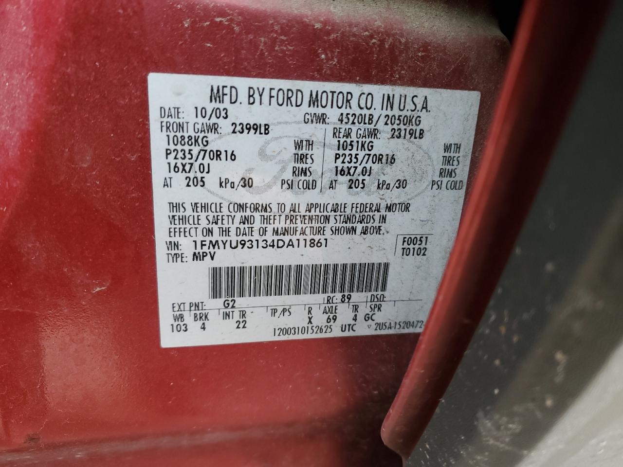 2004 Ford Escape VIN 1FMYU93134DA11861 Copart auction photo, normal wear damage thumbnail 12