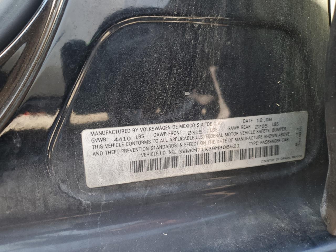 2009 Volkswagen Jetta VIN 3VWKM71K39M308521 Copart auction photo, front end / minor dent/scratches damage thumbnail 12