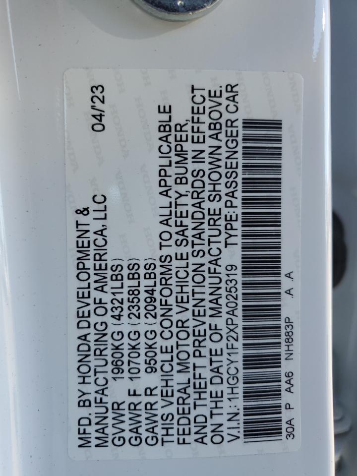 2023 Honda Accord VIN 1HGCY1F2XPA025319 Copart auction photo, front end / minor dent/scratches damage thumbnail 12