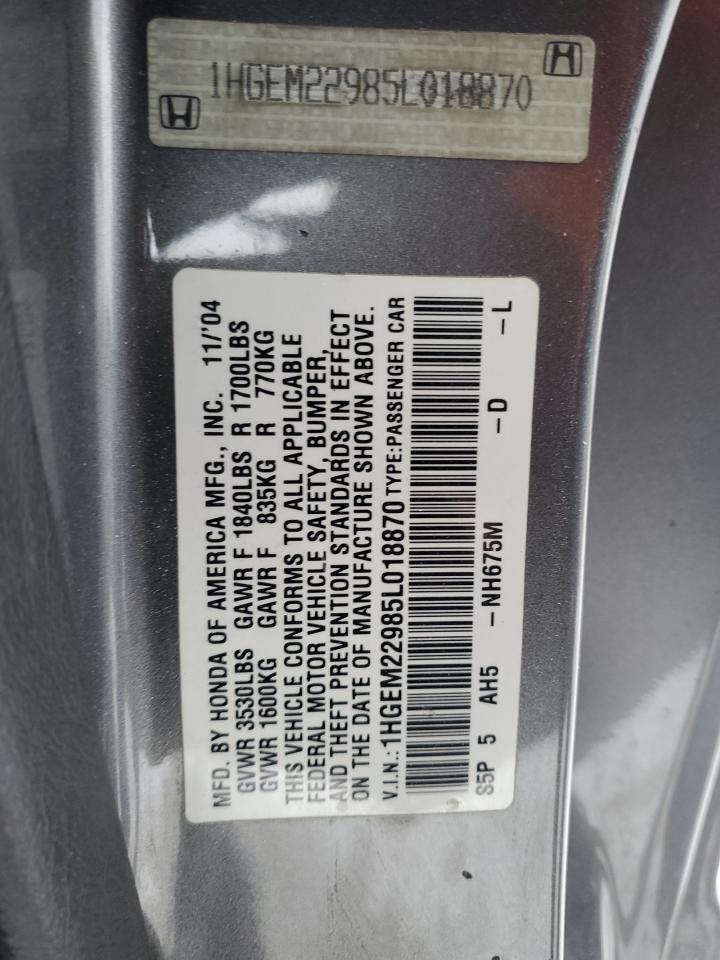 2005 Honda Civic VIN 1HGEM22985L018870 Copart auction photo, rear end damage thumbnail 14